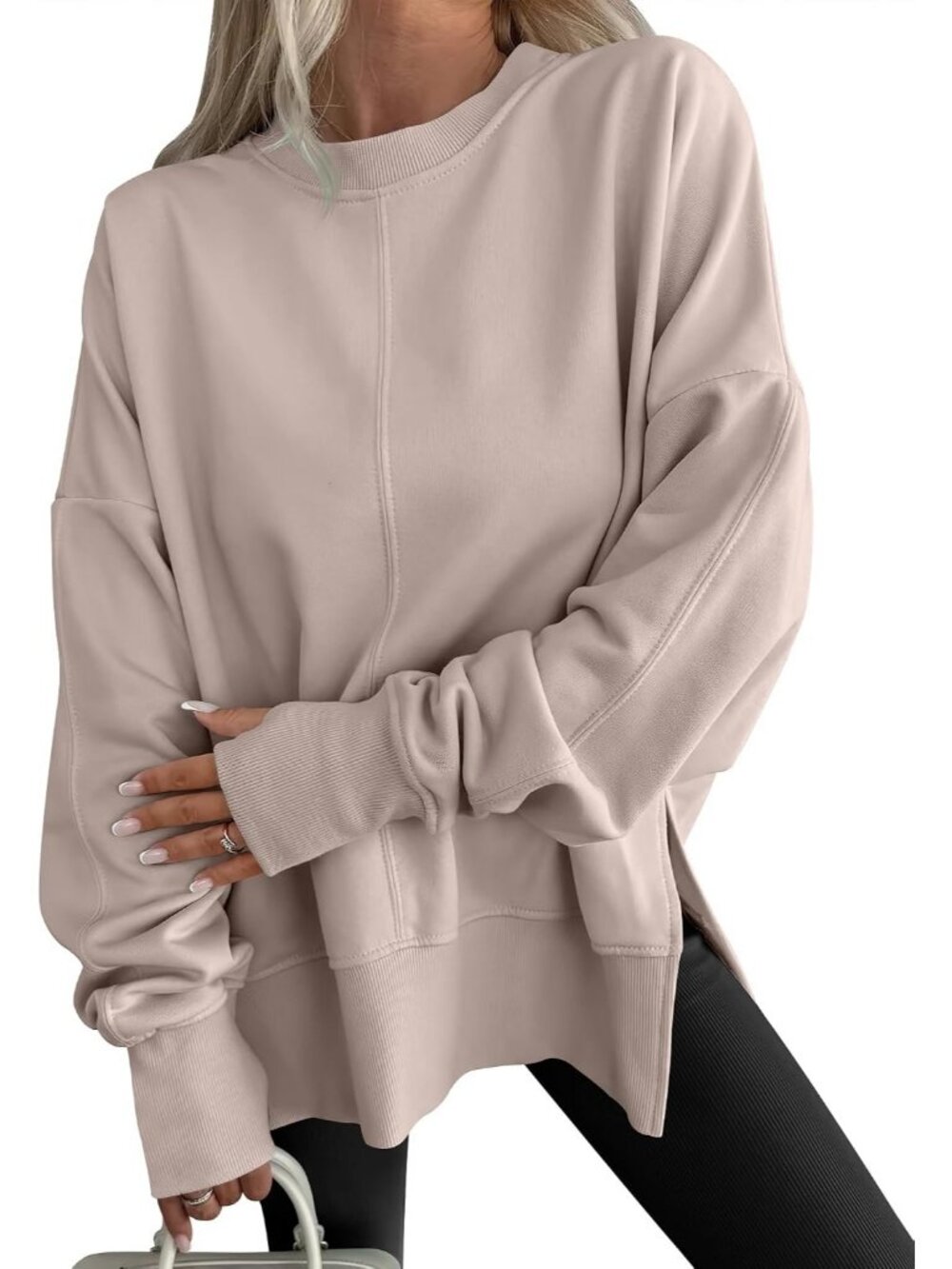 Women's Light Khaki Fleece Lined Slit Side Tunic Pullover Oversized Sweatshirts